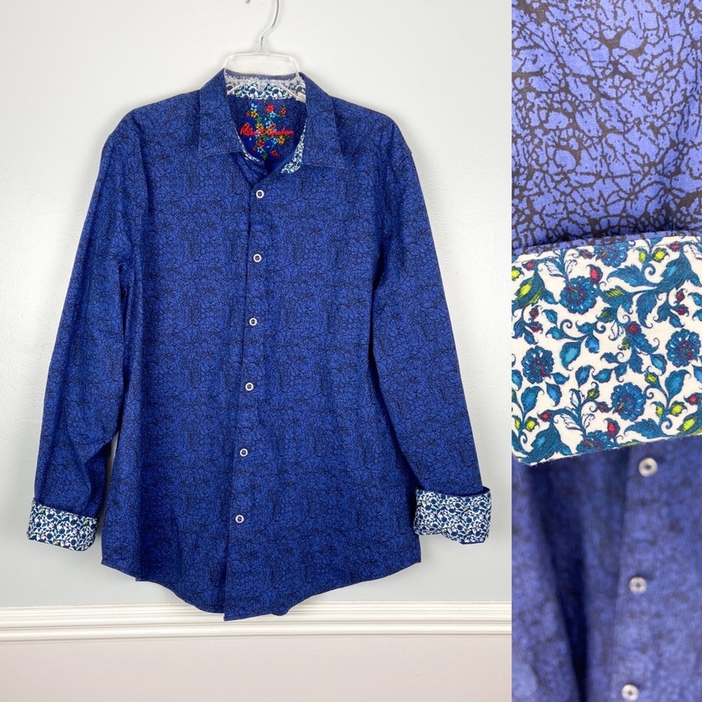 Robert Graham Geometric Floral Camo Print Sport Shirt Navy/Blue Men`s 2XL